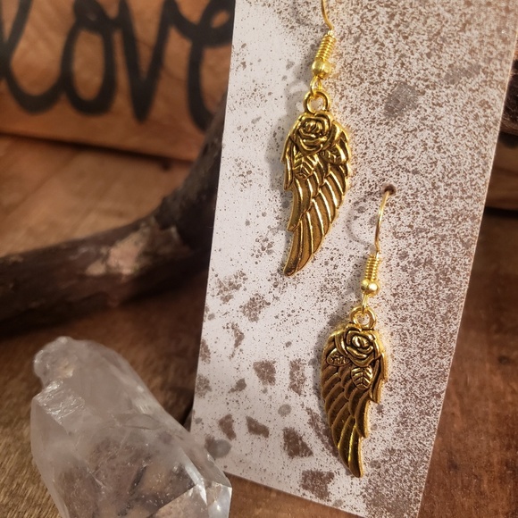 Gold ROSE & FEATHER ANGEL WING earrings ~Ethereal~Heavenly~Angelic~Goddess~Boho~ - Picture 4 of 10